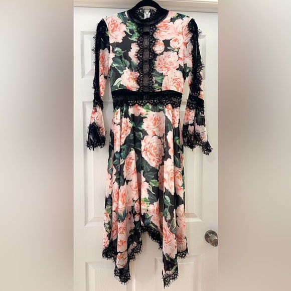 Floral Lace asymmetrical trim Silk Dress sz Small Pink Black - Picture 5 of 12
